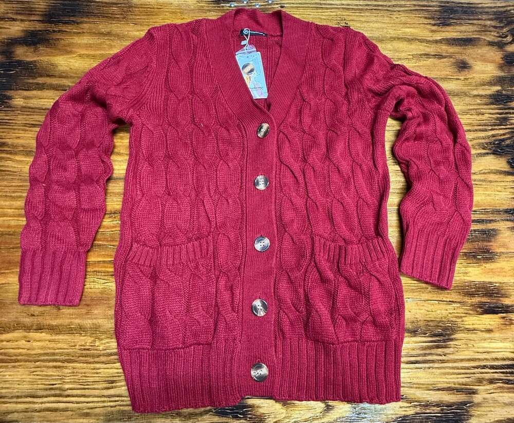 PrettyGarden Cable Knit Cardigan Size S Red V-Neck Button Front Pockets
